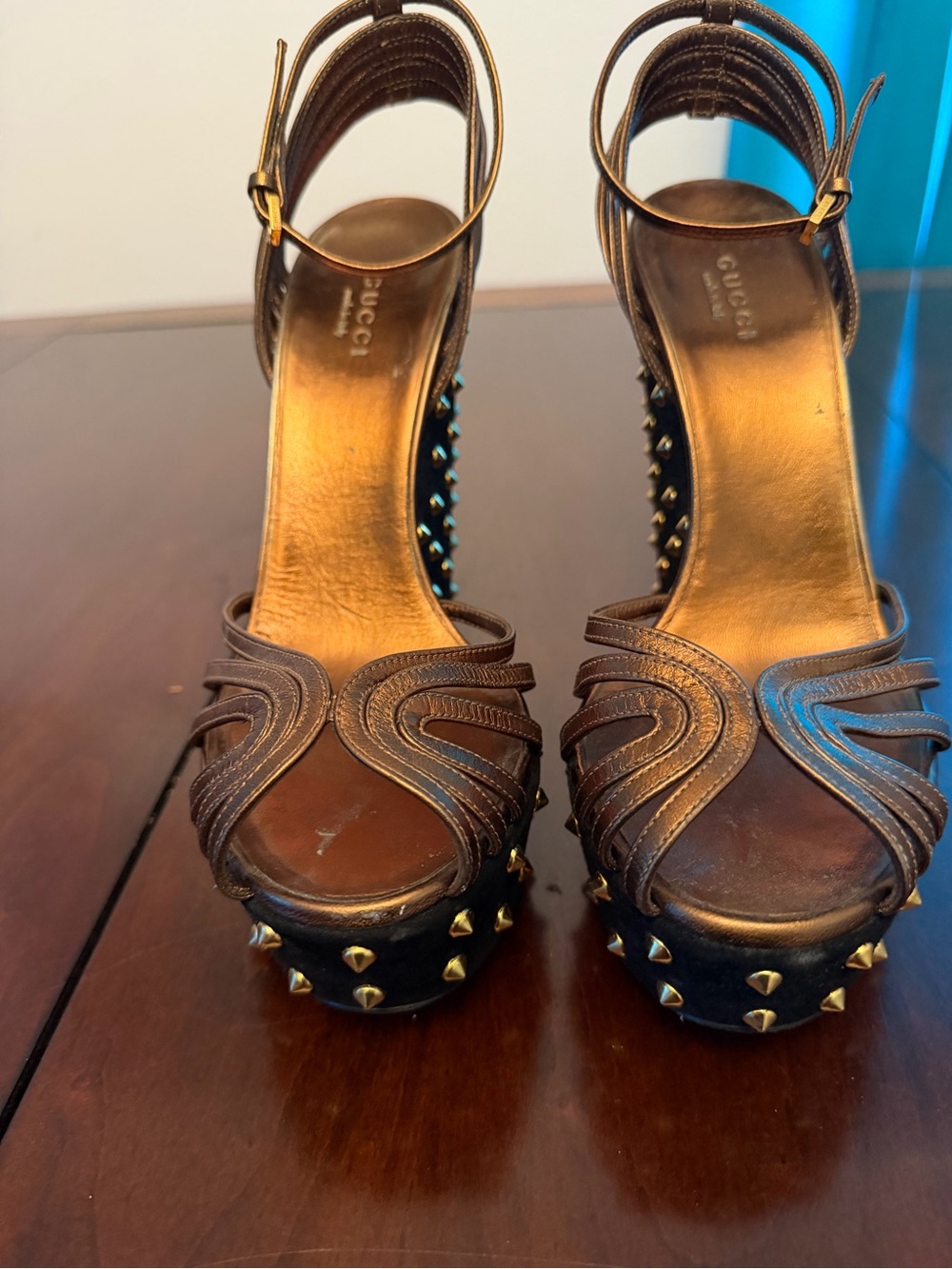 Gucci Bronze and Gold Studded Platform Sandals